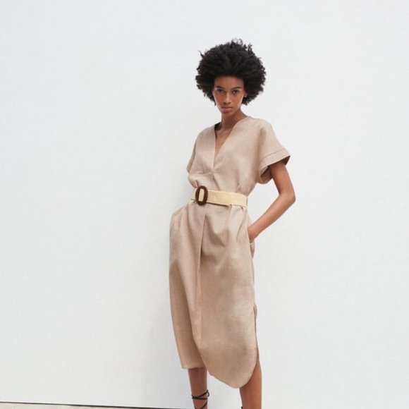 Zara Belted Tunic Dress, Beige Linen - Picture 3 of 9